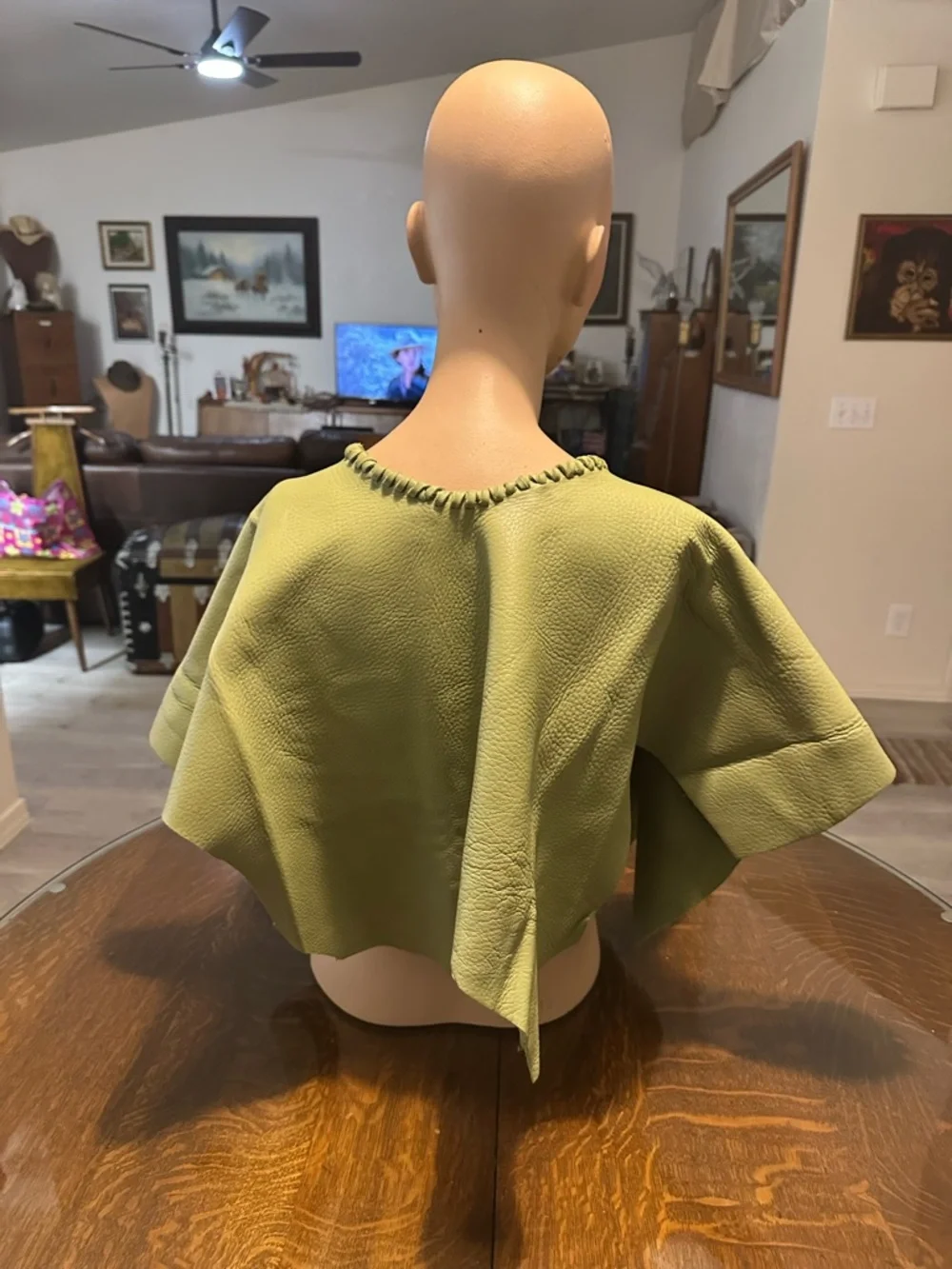 SOLD Hand made by Redhawk Designs New Zealand Deerskin Olive & Feather Poncho -M - Picture 2 of 3